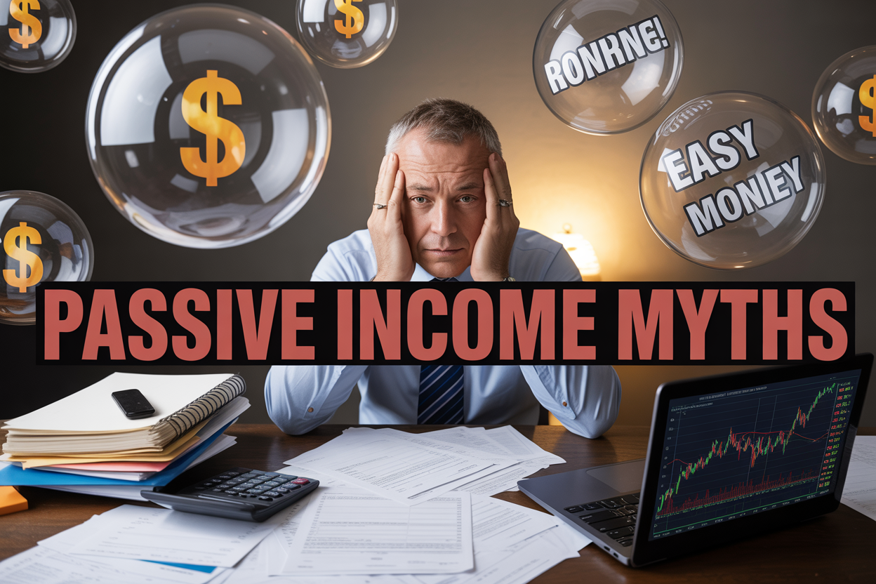 Create a realistic image of a stressed middle-aged white male sitting at a cluttered desk with financial documents, calculator, and laptop showing declining investment charts, surrounded by floating transparent bubbles containing misleading dollar signs and "easy money" symbols that are bursting, with a dark overwhelmed background transitioning to a lighter hopeful side, and bold text overlay reading "PASSIVE INCOME MYTHS" in red warning letters.