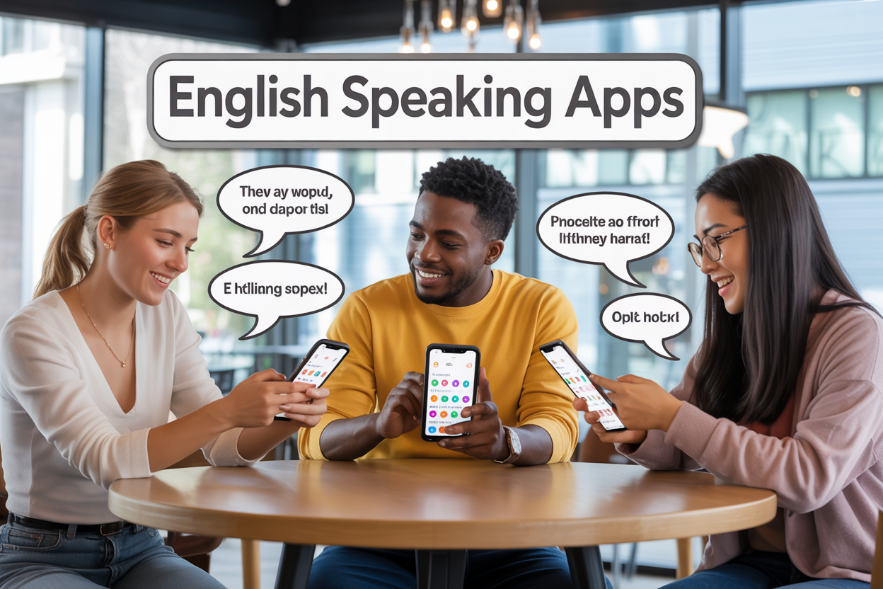 Create a realistic image of a diverse group of three people - a white female, a black male, and an Asian female - sitting around a modern wooden table, each holding smartphones displaying colorful language learning app interfaces, with speech bubbles containing English words floating above their devices, set in a bright contemporary coffee shop with large windows showing natural daylight, featuring the text "ENGLISH SPEAKING APPS" prominently displayed on a sleek banner in the background, with a warm and encouraging atmosphere that conveys learning and progress.