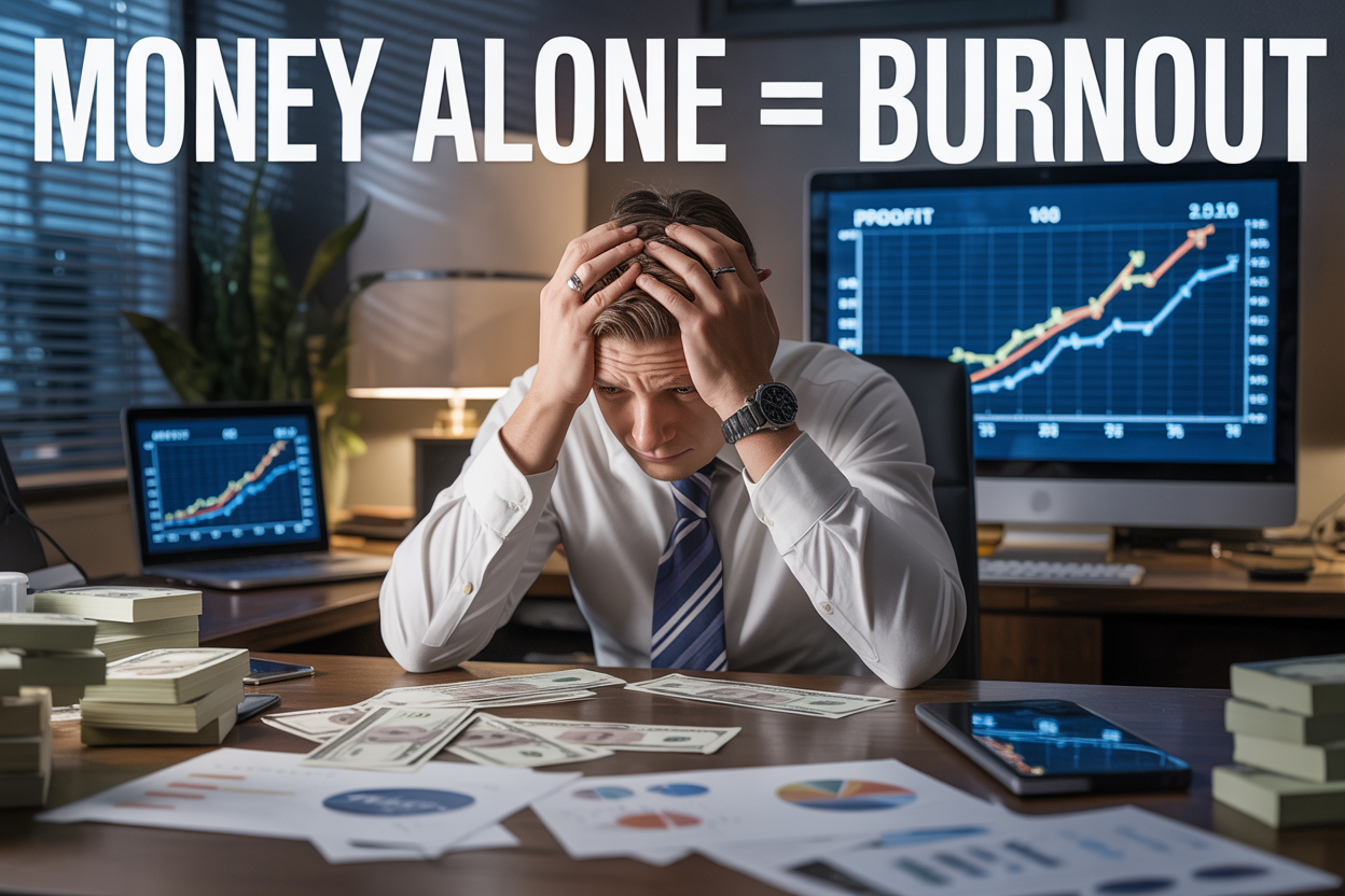 Create a realistic image of a stressed white male professional in his 30s sitting at a modern office desk surrounded by scattered money bills and financial charts, holding his head in his hands showing exhaustion, with a dark moody lighting casting shadows, a laptop displaying rising profit graphs in the background, and the text "Money Alone = Burnout" prominently displayed in bold white letters across the top of the image, conveying the overwhelming pressure and anxiety of prioritizing wealth over wellbeing.