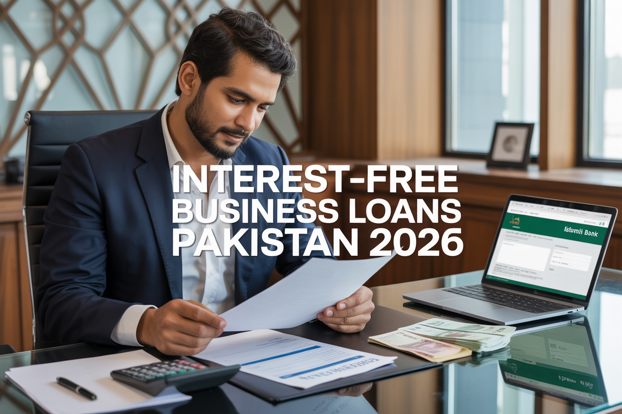 Create a realistic image of a professional South Asian male business owner in his 30s wearing a white shirt and dark blazer sitting at a modern office desk, reviewing financial documents and loan application forms, with a laptop displaying an Islamic bank website, Pakistani rupee notes and a calculator visible on the desk, Islamic geometric patterns subtly incorporated in the background office decor, warm natural lighting from a window, and the text "Interest-Free Business Loans Pakistan 2026" prominently displayed in modern typography overlaying the scene.