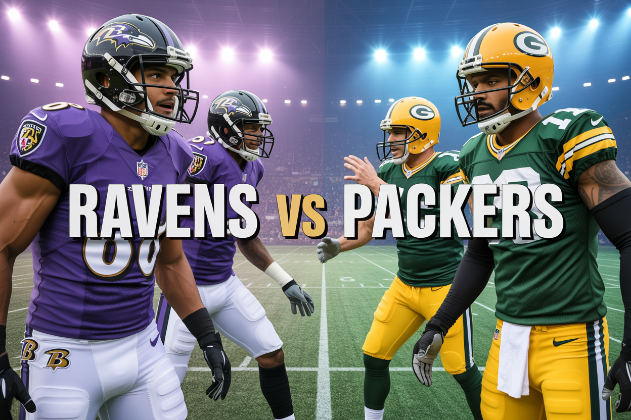 Create a realistic image of a split-screen football stadium scene with the Baltimore Ravens purple and black uniforms on the left side and Green Bay Packers green and gold uniforms on the right side, featuring diverse male players in action poses including both black and white athletes, with a football field background under bright stadium lights, dramatic sports atmosphere with cheering crowd in the blurred background, and bold text overlay reading "RAVENS VS PACKERS" in metallic letters across the center of the image.