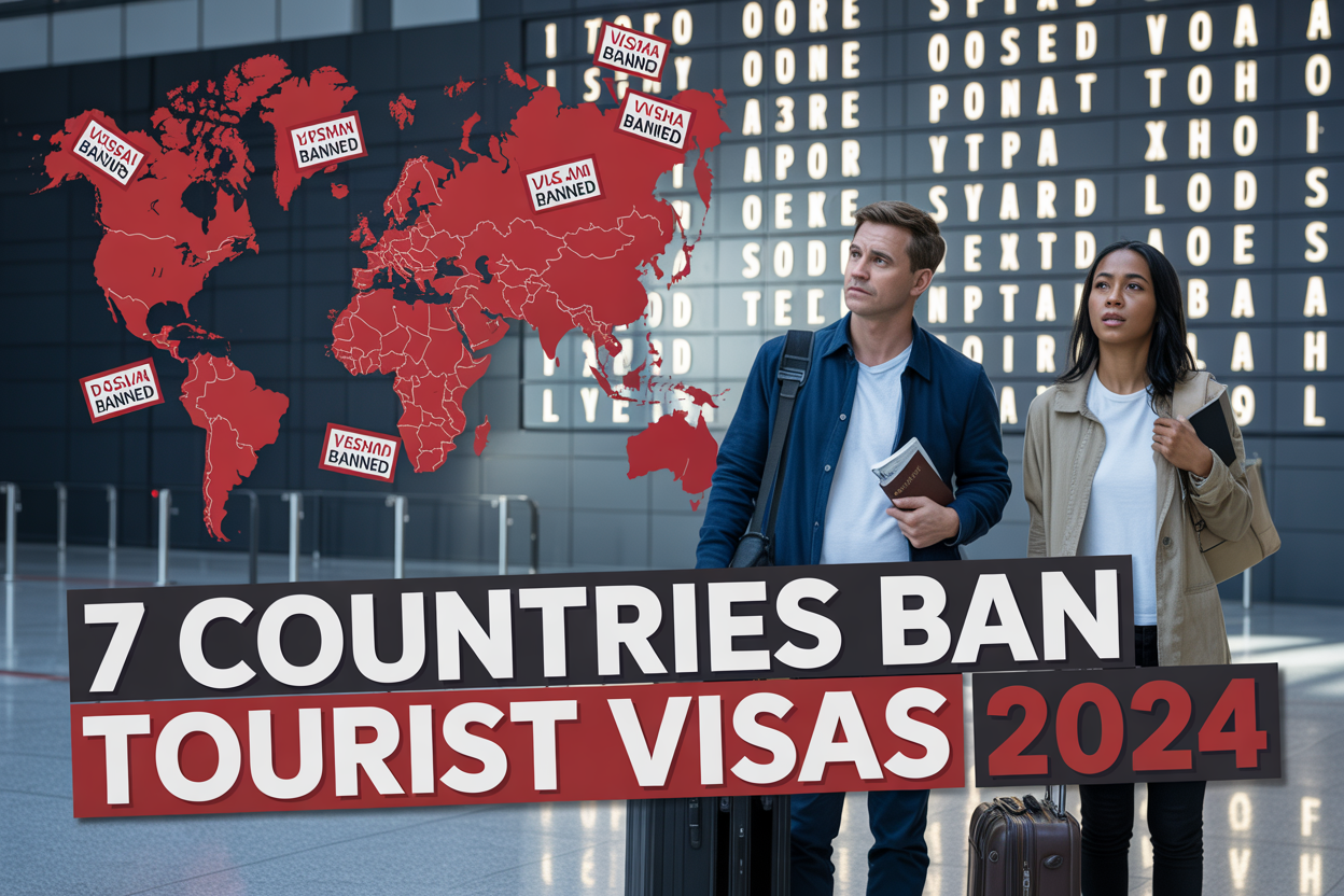Create a realistic image of a world map with seven countries (Russia, Myanmar, Afghanistan, North Korea, Yemen, Somalia, and one additional country) highlighted in red with "VISA BANNED" stamps overlaid on each, surrounded by a white male and black female tourist looking concerned while holding passports and luggage, against a modern airport departure board background showing cancelled flights, with dramatic lighting casting shadows, and bold text overlay reading "7 Countries Ban Tourist Visas 2024" in red and white letters.