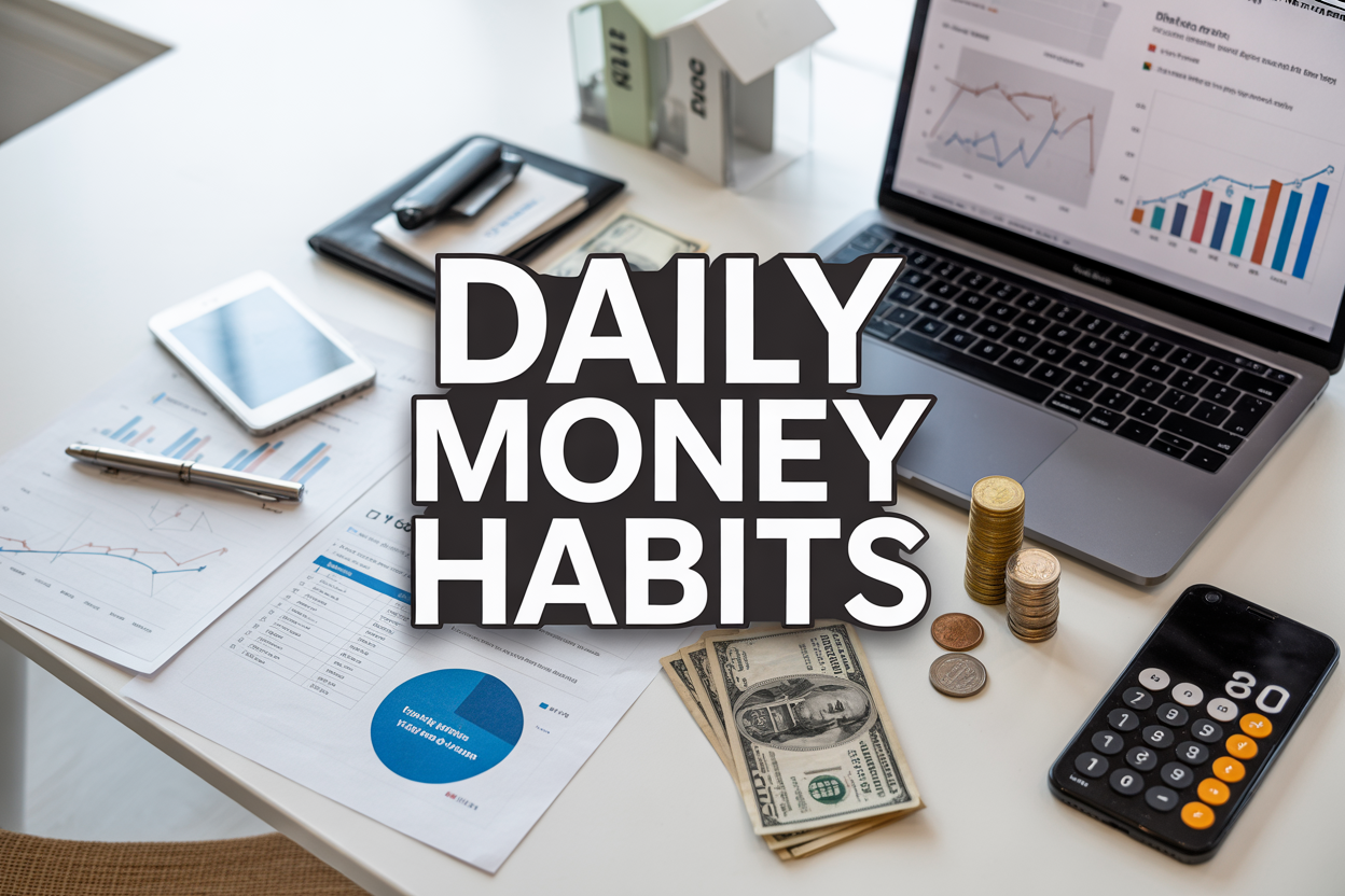 Create a realistic image of a modern, organized desk workspace featuring financial documents, charts, and a laptop displaying investment graphs, with a calculator, smartphone showing banking apps, coins and bills neatly arranged, multiple income source symbols like rental property keys and business cards, all set against a clean white background with soft natural lighting, and include the text "DAILY MONEY HABITS" prominently displayed in bold, professional font overlay.