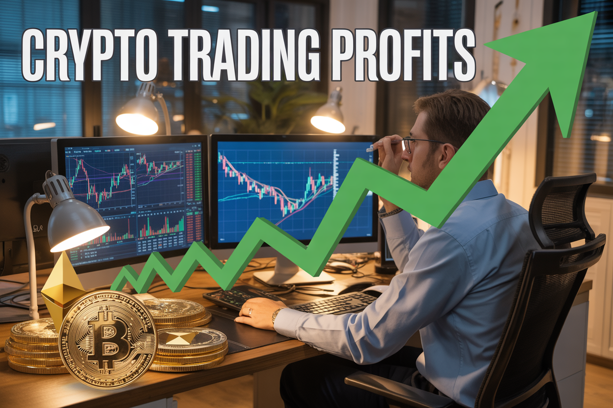 Create a realistic image of a professional trading setup with multiple computer monitors displaying colorful cryptocurrency charts and candlestick patterns, a sleek modern desk with a white male trader in business attire analyzing market data on screens, golden Bitcoin and Ethereum coins scattered on the desk surface, upward trending green arrow graphics overlaying the scene, warm ambient lighting from desk lamps creating a focused atmosphere, with the text "CRYPTO TRADING PROFITS" prominently displayed in bold modern font across the top of the image.