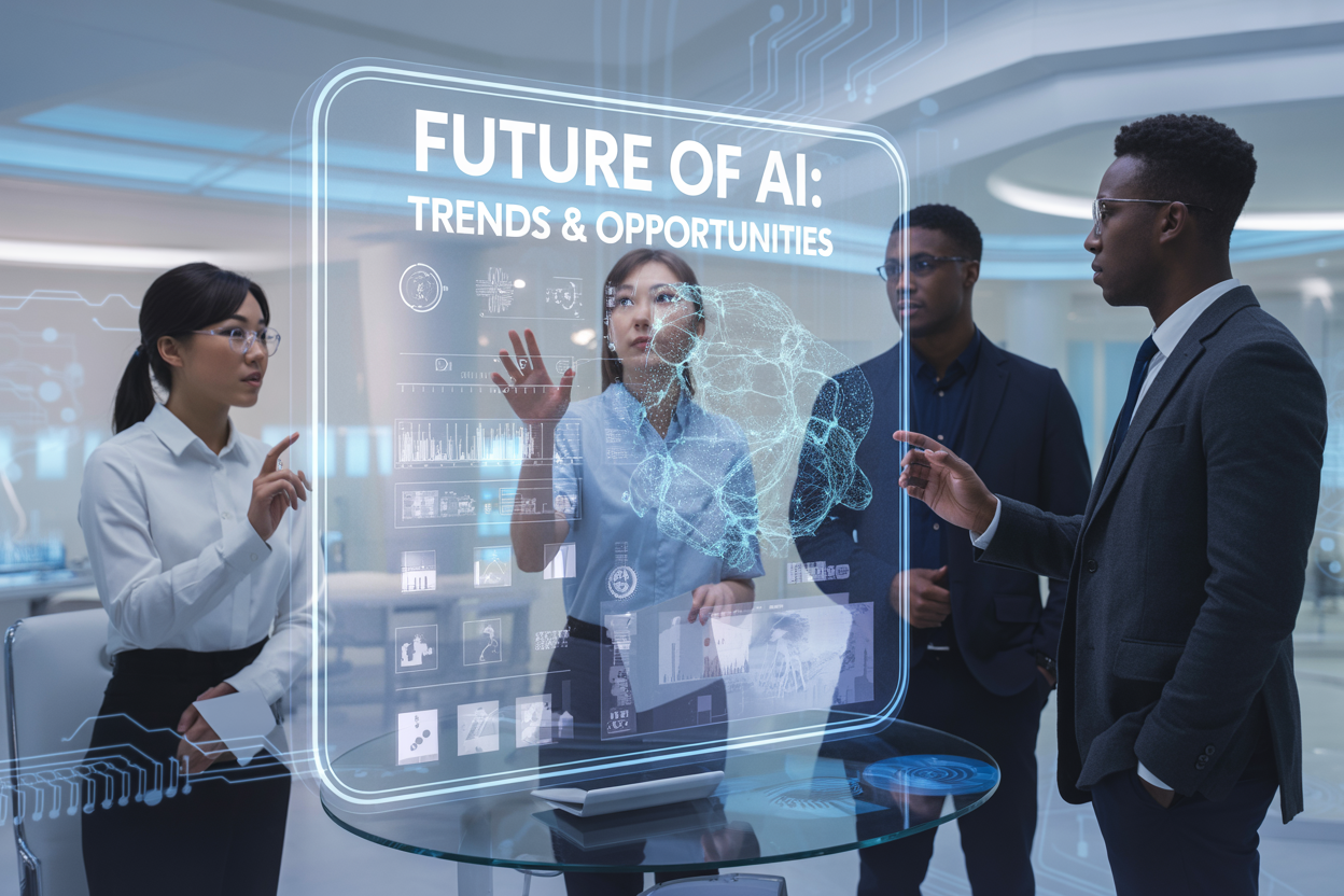 Create a realistic image of a modern, sleek digital workspace featuring a large transparent holographic display showing AI neural network visualizations, data charts, and futuristic interface elements floating in mid-air, with a diverse group of three business professionals (one Asian female, one Black male, one White male) in contemporary business attire observing and pointing at the holographic data, set against a sophisticated tech office environment with soft blue and white lighting, glass surfaces, and subtle circuit board patterns in the background, with the text "Future of AI: Trends & Opportunities" prominently displayed as a glowing overlay on the holographic screen.