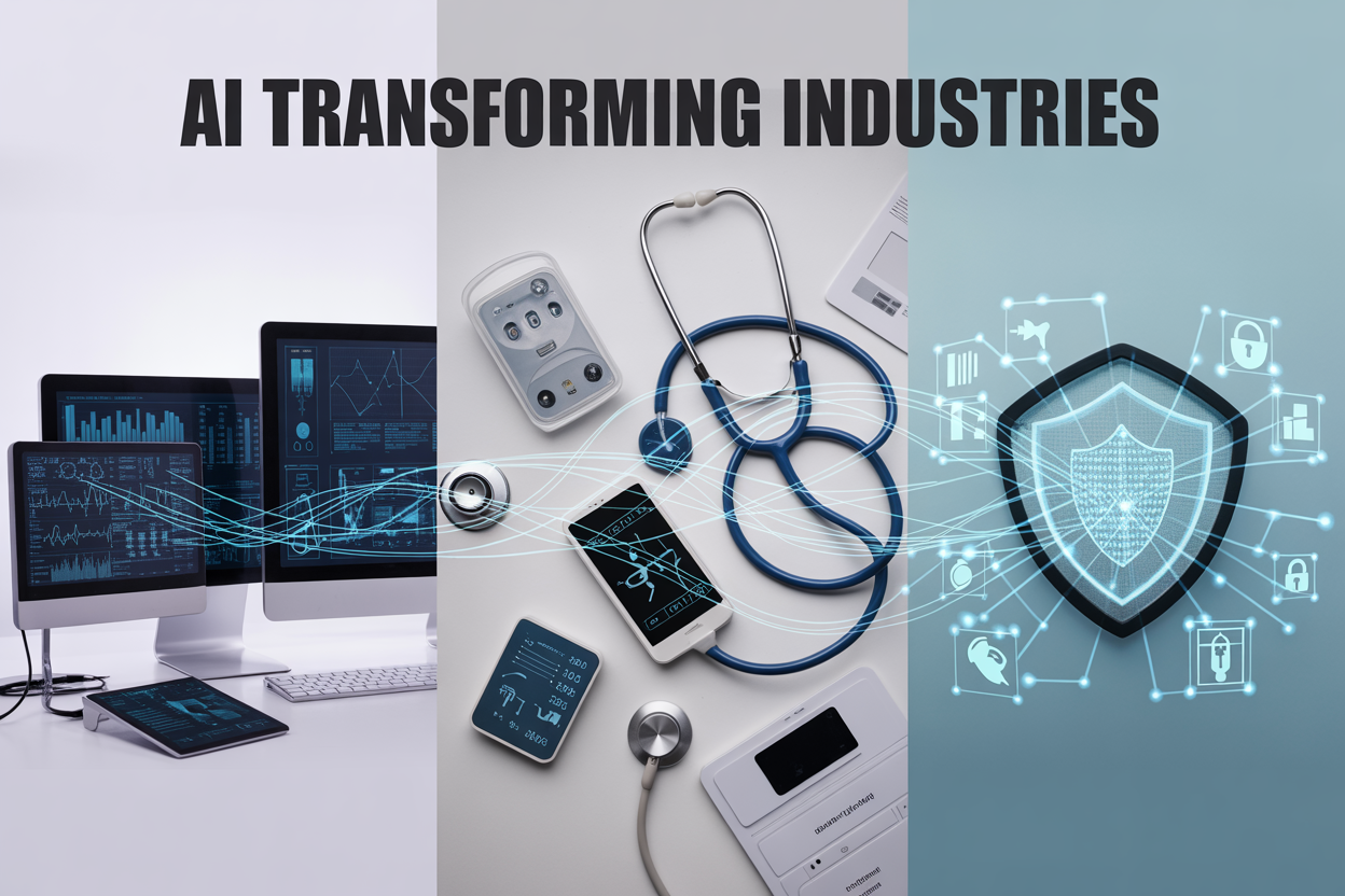 Create a realistic image of a modern split-screen composition showing three distinct sections representing finance, healthcare, and cybersecurity, with the left section displaying financial charts and data analytics on computer screens with circuit board patterns, the middle section showing medical equipment like stethoscopes and heart monitors integrated with digital interfaces and AI nodes, and the right section featuring digital security shields, lock icons, and network protection visuals, all connected by glowing blue AI neural network lines flowing between the sections, set against a clean white to light blue gradient background with soft professional lighting, and include the text "AI TRANSFORMING INDUSTRIES" prominently displayed at the top in bold modern font.
