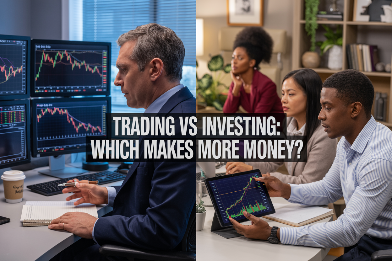 Create a realistic image of a split-screen composition showing two contrasting financial scenarios: on the left side, a white male trader in his 30s intensely focused on multiple computer monitors displaying volatile stock charts with red and green candlesticks, sitting at a modern trading desk with coffee and notepads, representing short-term trading; on the right side, a diverse group including a black female and white male calmly reviewing long-term investment portfolios with steady upward trending graphs on a tablet, sitting in a comfortable office setting with plants and books in the background; the center features bold text overlay reading "Trading vs Investing: Which Makes More Money?"; the overall lighting is professional with warm tones on the investing side and cooler blue tones on the trading side, symbolizing the different approaches to wealth building.