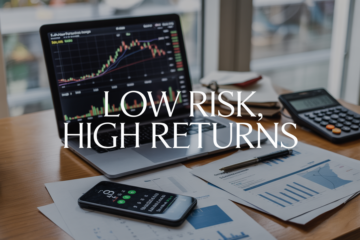 Create a realistic image of a modern, clean workspace featuring a laptop displaying colorful financial charts and graphs on the screen, with a smartphone showing a trading app interface placed beside it, scattered financial documents and a calculator on a wooden desk, soft natural lighting from a window creating a professional atmosphere, with the text "Low Risk, High Returns" prominently displayed in elegant, modern typography overlaying the scene, conveying a sense of financial success and smart investing strategy.