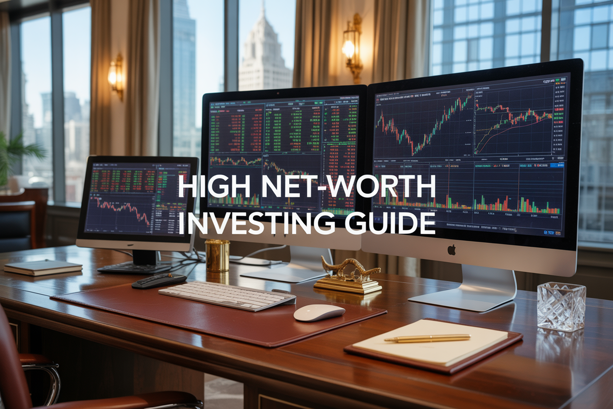 Create a realistic image of a sophisticated trading setup featuring multiple large monitors displaying colorful stock market charts, financial data, and portfolio analytics on a sleek mahogany desk, with luxury elements like a gold pen, leather-bound portfolio, and crystal paperweight, set in an upscale office with floor-to-ceiling windows showing a city skyline, soft natural lighting creating an atmosphere of wealth and professionalism, with the text "HIGH NET-WORTH INVESTING GUIDE" elegantly displayed in the center of the image in modern sans-serif font.