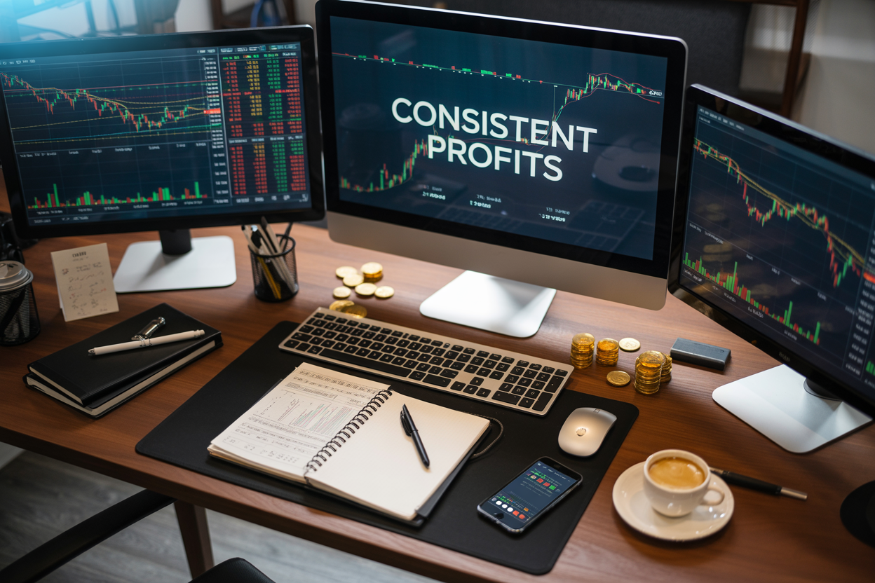 Create a realistic image of a modern trading desk setup with multiple computer monitors displaying colorful financial charts, candlestick patterns, and trading signals with green and red indicators, a sleek black keyboard and mouse, scattered financial documents and notebooks, a smartphone showing market data, a cup of coffee, and gold coins strategically placed around the workspace, all set against a dark wooden desk surface with soft ambient lighting from the monitors creating a professional trading environment, with the text "CONSISTENT PROFITS" prominently displayed on the main monitor screen.