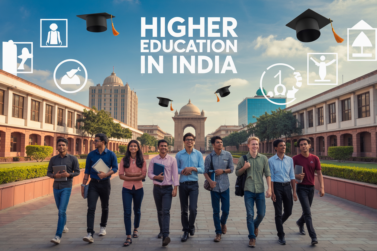 Create a realistic image of a modern Indian university campus with diverse students of various races (Indian, Asian, white, black) both male and female walking with books and laptops, featuring iconic Indian architecture with contemporary buildings in the background, graduation caps floating in the bright blue sky, digital icons representing different career fields (engineering, medicine, technology, business) overlaying the scene, warm golden hour lighting creating an optimistic and aspirational mood, with the text "Higher Education in India" prominently displayed in modern typography at the top of the image.