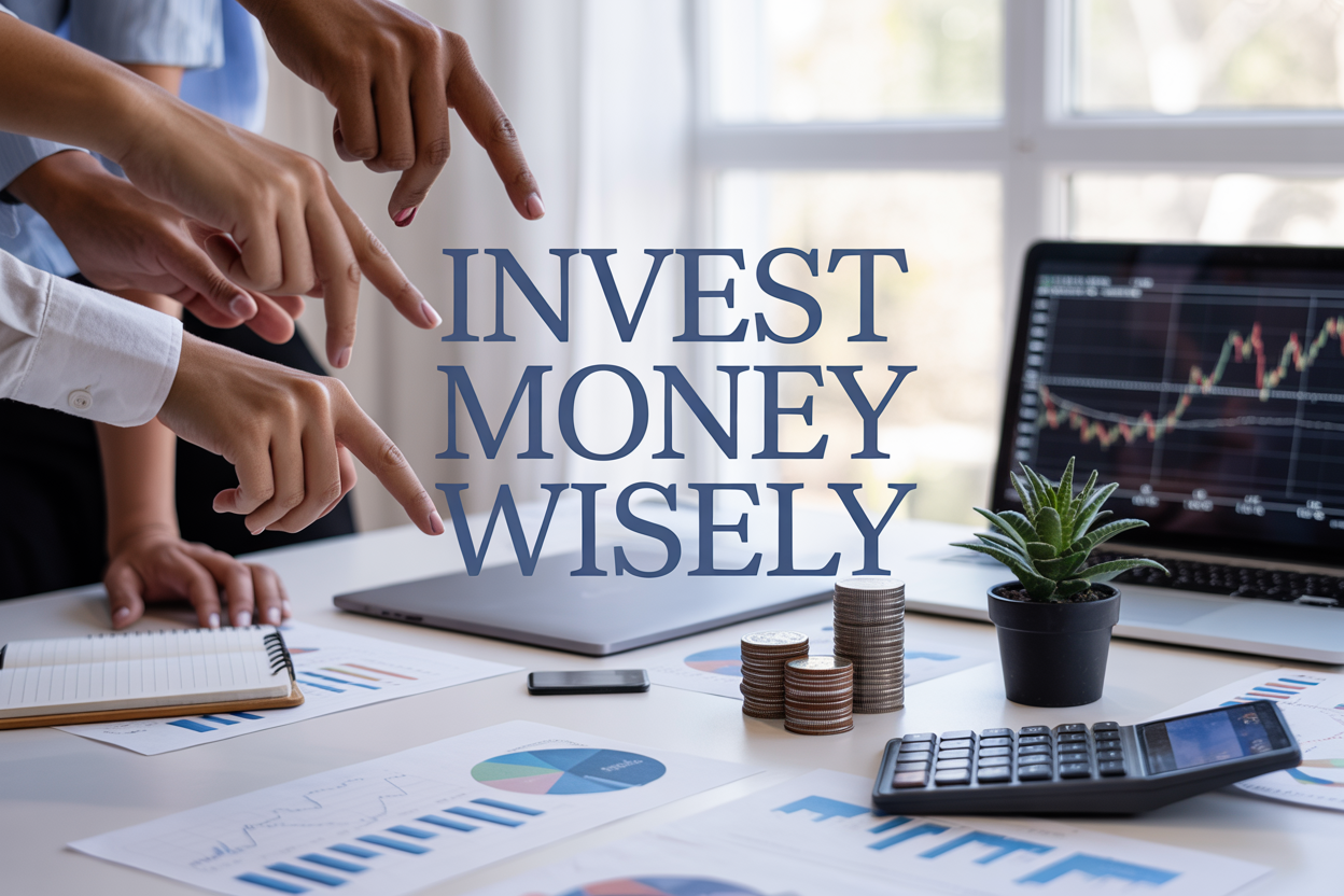Create a realistic image of a clean, modern workspace with investment-related items arranged on a white desk including financial charts, a calculator, coins, a small potted plant, and a laptop displaying stock market graphs, with a diverse group of hands from different ethnicities pointing at the charts suggesting collaboration, soft natural lighting from a window, professional and encouraging atmosphere, with the text "Invest Money Wisely" prominently displayed in elegant blue typography overlaying the scene.