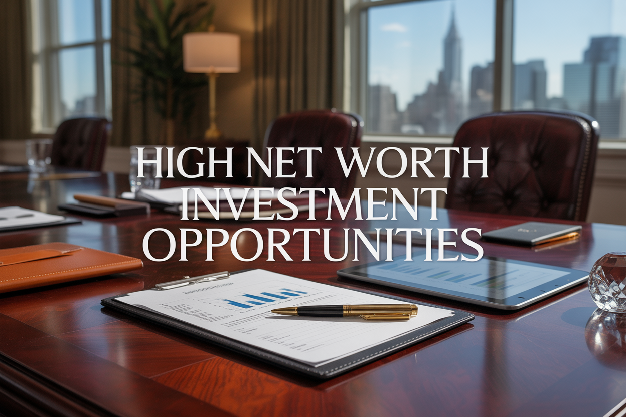 Create a realistic image of a sophisticated financial planning scene featuring a polished mahogany conference table with elegant documents, charts, and a tablet displaying investment portfolios, surrounded by subtle luxury elements like a gold pen, leather portfolio, and crystal paperweight, with soft natural lighting from a large window showing a city skyline in the background, and the text "High Net Worth Investment Opportunities" prominently displayed in elegant serif font overlay.