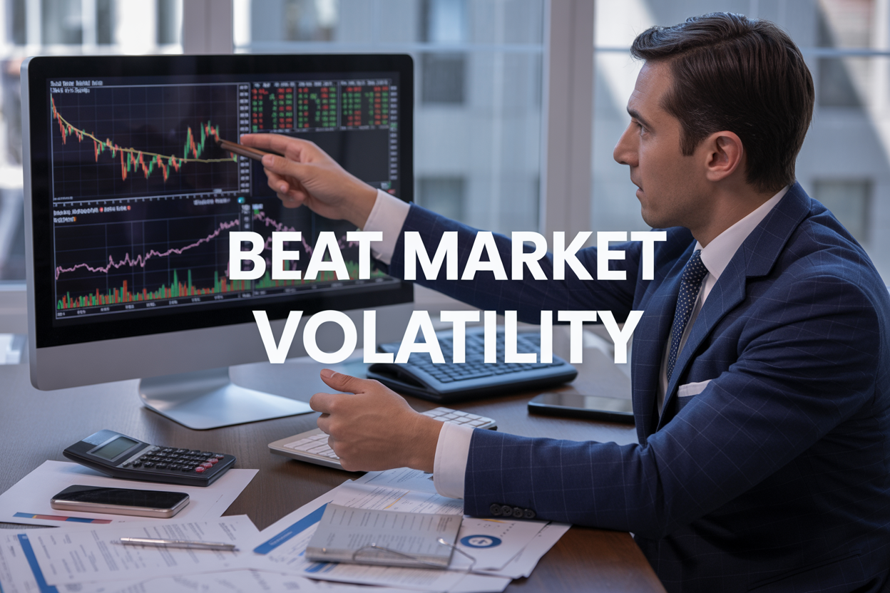 Create a realistic image of a professional financial workspace with a large computer monitor displaying colorful stock market charts and graphs showing both upward and downward trends, a white male financial advisor in a navy business suit pointing at the screen while explaining investment strategies, scattered financial documents and reports on a dark wooden desk, a calculator and smartphone nearby, modern office lighting with natural light from a window, conveying confidence and expertise in managing market uncertainty, with the text "Beat Market Volatility" prominently displayed in bold white letters across the top of the image.