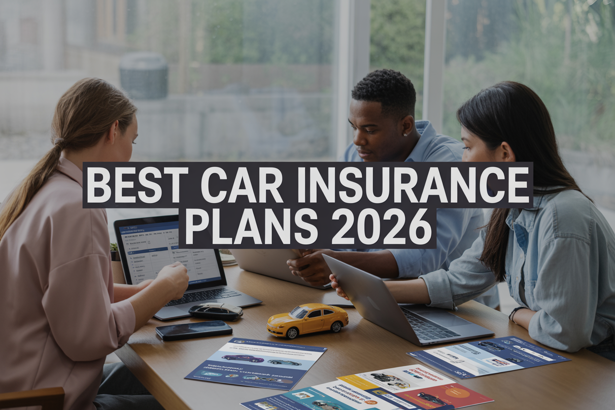 Create a realistic image of a diverse group of three people - a white female, a black male, and an Asian female - sitting around a modern wooden table reviewing car insurance documents and brochures, with laptops and smartphones open showing insurance comparison websites, multiple colorful insurance company brochures spread across the table, a toy car model in the center, soft natural lighting from a large window in the background creating a professional yet approachable atmosphere, with the text "Best Car Insurance Plans 2026" prominently displayed in bold, modern typography overlaying the top portion of the image.