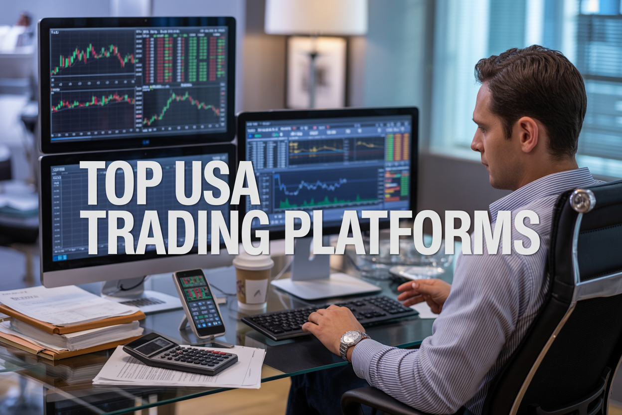 Create a realistic image of a modern trading workspace featuring multiple computer monitors displaying colorful stock charts, trading interfaces, and financial data graphs, with a sleek black desk setup, a white male trader in a business shirt actively analyzing markets on his computer, smartphone showing trading apps nearby, stack of financial documents, calculator, and coffee cup, set against a contemporary office background with soft natural lighting from a window, professional and focused atmosphere, with the text "TOP USA TRADING PLATFORMS" prominently displayed in bold modern typography overlaying the upper portion of the image.