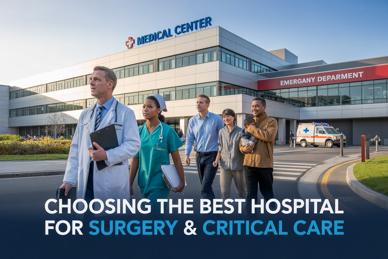 Create a realistic image of a modern American hospital exterior with a prominent medical center sign, featuring a diverse group including a white male doctor in a white coat holding a clipboard, a black female nurse, and an Asian male patient with family members walking towards the main entrance, with the hospital building showing contemporary architecture, large windows, emergency department signage visible, ambulance bay area, well-maintained landscaping, clear blue sky, natural daylight, and overlay text reading "Choosing the Best Hospital for Surgery & Critical Care" in professional blue and white typography.