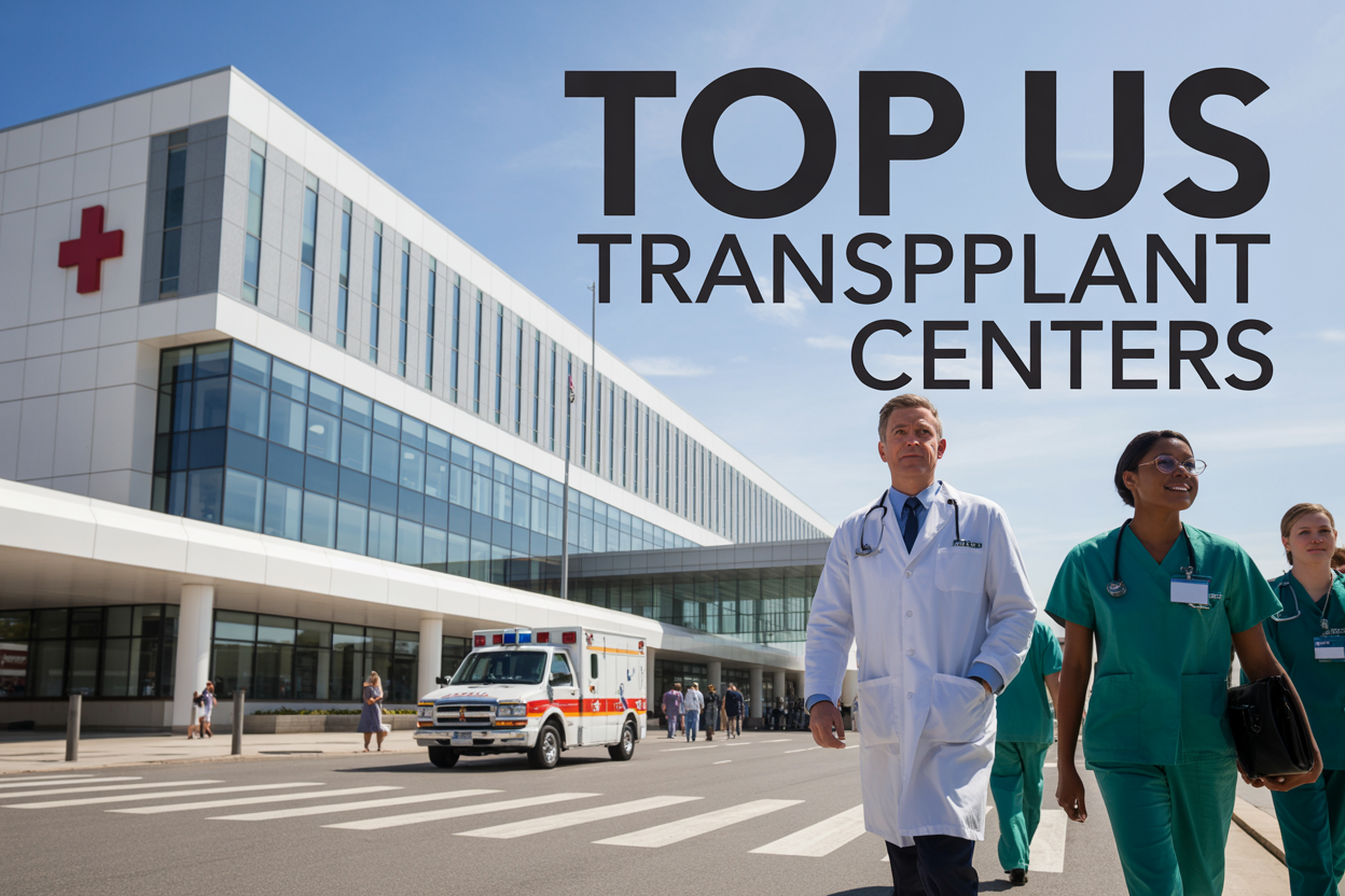 Create a realistic image of a modern, prestigious hospital building with a clean white and glass exterior architecture, featuring a prominent medical cross symbol, with an ambulance parked near the main entrance, a diverse group of medical professionals including a white male doctor and black female nurse in scrubs walking purposefully in the foreground, bright daylight with clear blue sky, professional and hopeful atmosphere, with overlaid text reading "Top US Transplant Centers" in bold, modern typography positioned in the upper portion of the image.