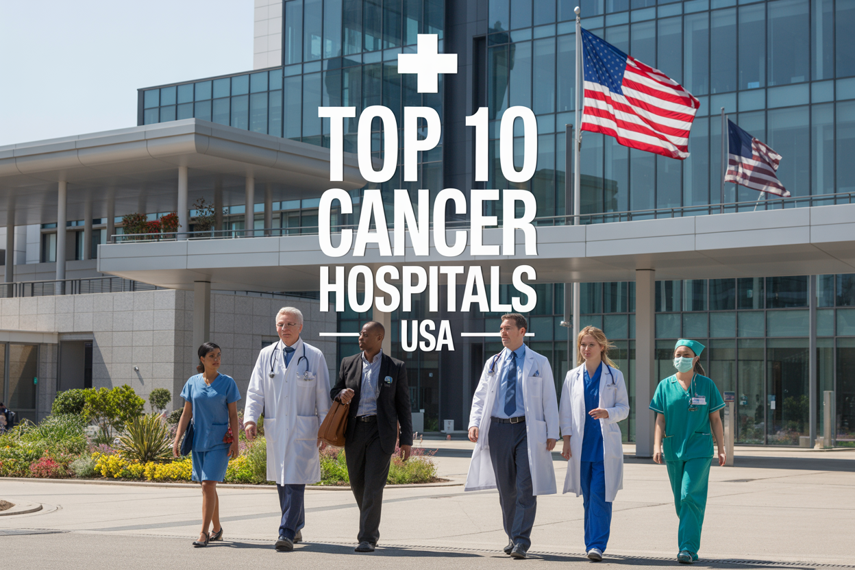 Create a realistic image of a modern hospital exterior with glass facade and American flag, featuring diverse patients and medical professionals (including white female doctor, black male doctor, and Asian female nurse) walking near the entrance, with medical cross symbols and "TOP 10 CANCER HOSPITALS USA" text overlay, bright daylight with professional healthcare atmosphere, clean architectural design with healing garden elements in foreground.
