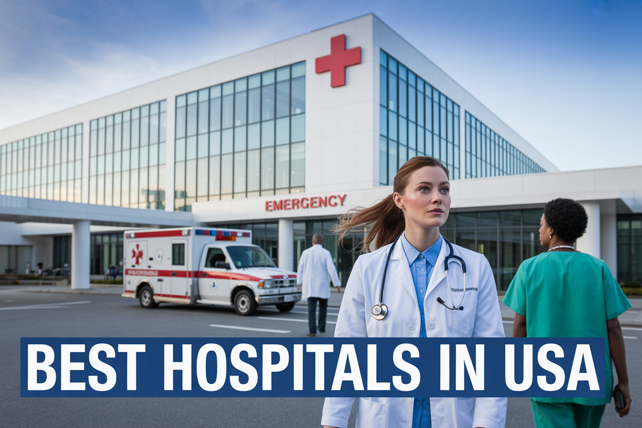 Create a realistic image of a modern hospital exterior with a clean white and glass facade, featuring a prominent red cross medical symbol on the building, with an ambulance parked near the emergency entrance, a diverse group including a white female doctor in a white coat with stethoscope and a black male nurse walking toward the entrance, clear blue sky background with soft natural lighting, and bold text overlay reading "Best Hospitals in USA" in professional blue and white lettering.