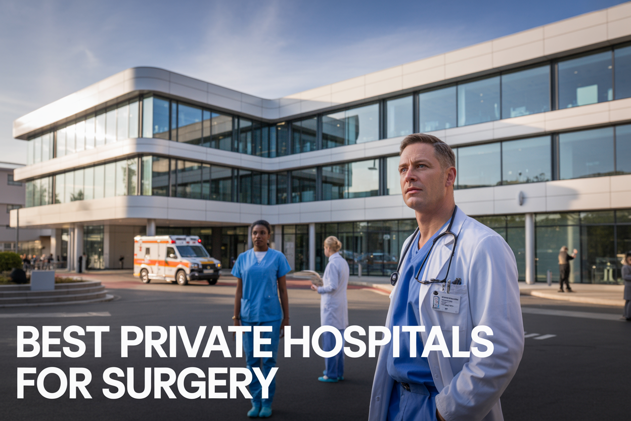 Create a realistic image of a modern, upscale private hospital exterior with pristine white and glass architecture, featuring a professional white male doctor in scrubs and a diverse medical team including a black female nurse in the background, with medical equipment visible through large windows, an ambulance parked near the entrance, and the text "Best Private Hospitals for Surgery" prominently displayed as an overlay, shot during golden hour lighting to convey trust and excellence in healthcare.