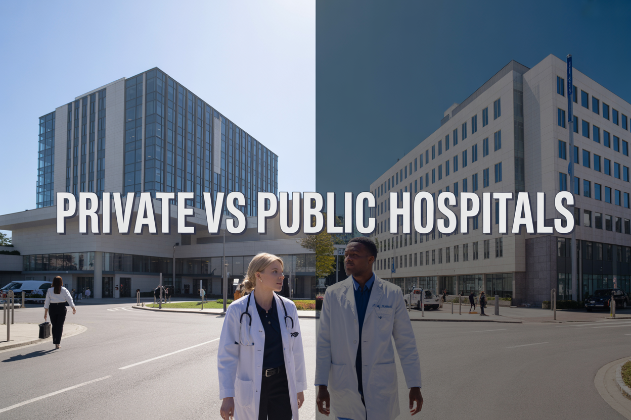 Create a realistic image of a split-screen composition showing two modern hospital buildings side by side - on the left, a sleek private hospital with glass facades and upscale architecture, and on the right, a larger public hospital with more utilitarian design, both under bright daylight with clear blue sky, featuring diverse medical professionals including a white female doctor and a black male doctor in white coats walking in the foreground, with the text "Private vs Public Hospitals" prominently displayed across the center of the image in bold, professional font, conveying a comparative and informative mood about healthcare choices.