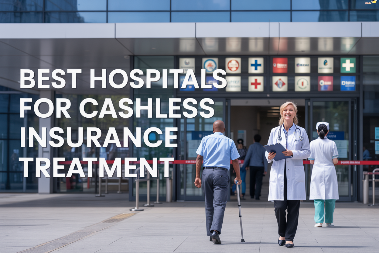Create a realistic image of a modern hospital exterior with a prominent glass entrance, featuring a diverse group of people including a white female doctor in a white coat holding a clipboard, a black male patient walking with a cane, and an Asian female nurse, all positioned near the entrance, with multiple insurance company logos displayed on a digital board visible through the glass doors, clean architectural lines with medical cross symbols, bright daylight with professional lighting, and overlay text reading "Best Hospitals for Cashless Insurance Treatment" in bold, modern font across the upper portion of the image.