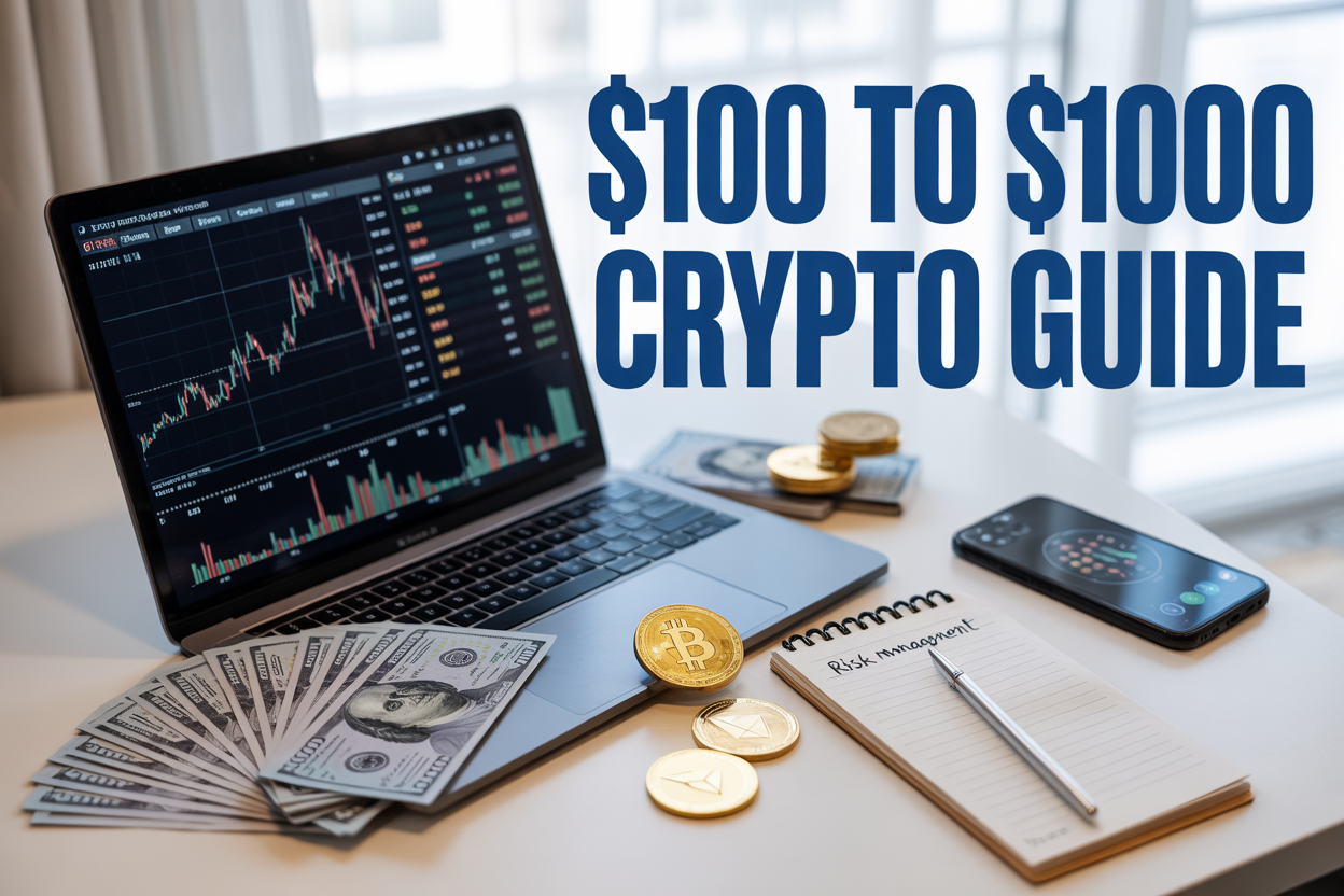Create a realistic image of a modern laptop displaying cryptocurrency trading charts and graphs on the screen, with physical $100 bills fanned out next to the keyboard, golden Bitcoin and Ethereum coins scattered around, a smartphone showing a crypto trading app, and a notepad with "RISK MANAGEMENT" written on it, all arranged on a clean white desk with soft natural lighting from a window, featuring the text "$100 TO $1000 CRYPTO GUIDE" prominently displayed in bold blue letters across the top of the image.