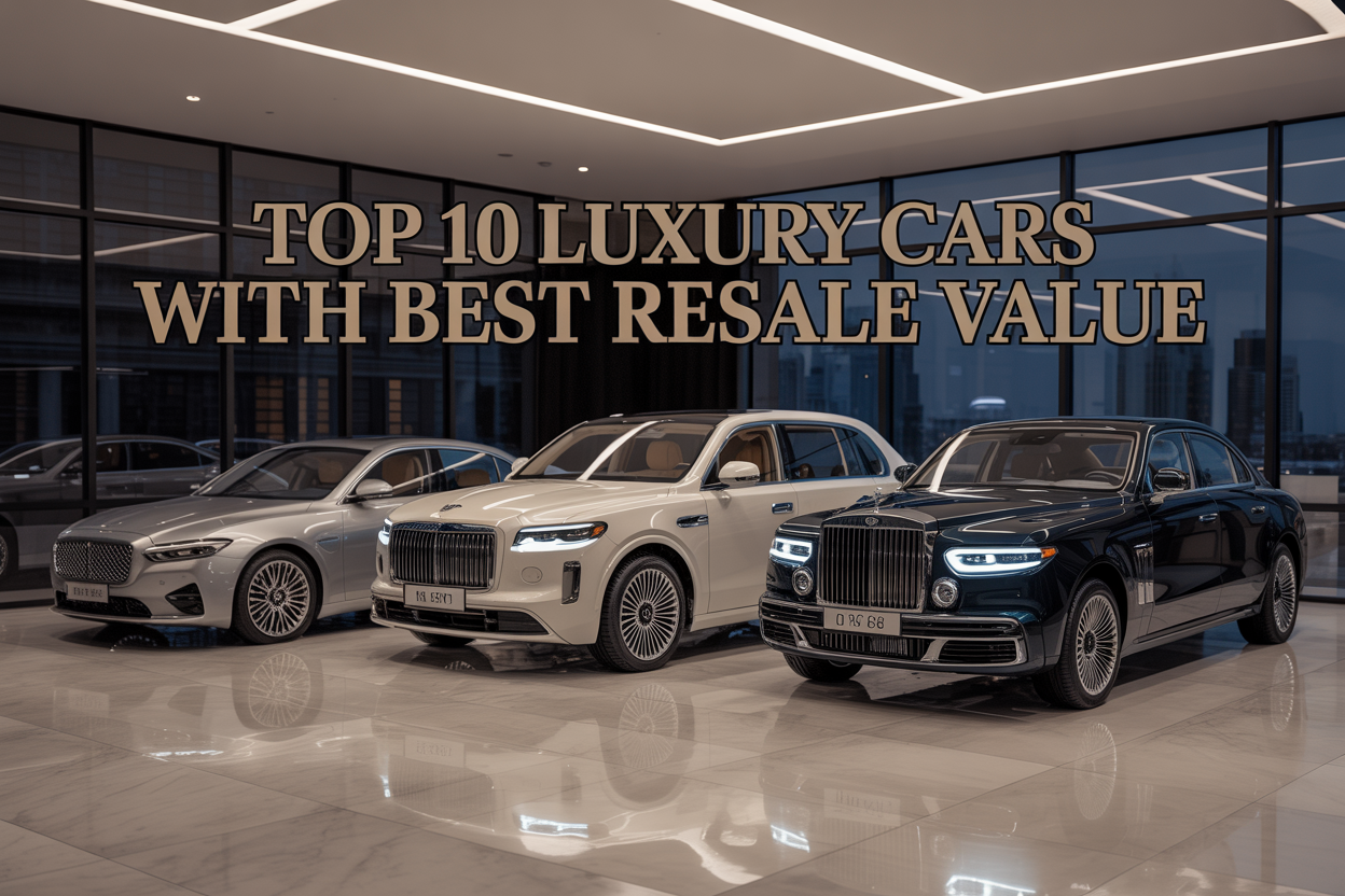 Create a realistic image of a luxurious car showroom with three premium vehicles prominently displayed - a sleek German sedan, a refined Japanese luxury SUV, and an elegant American luxury coupe - all positioned on a polished marble floor under sophisticated LED lighting, with large floor-to-ceiling windows in the background showing a city skyline, and overlaid text reading "Top 10 Luxury Cars with Best Resale Value" in elegant gold lettering across the top portion of the image.