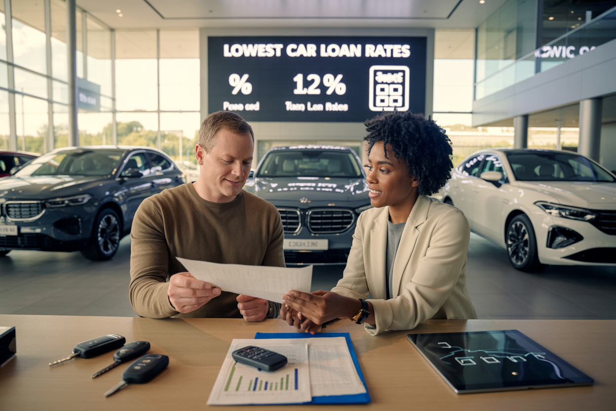 Create a realistic image of a modern car dealership showroom with sleek new vehicles displayed under bright professional lighting, featuring a prominent digital display board showing "LOWEST CAR LOAN RATES" with percentage symbols and calculator icons, include a diverse group of people consisting of a white male customer and black female financial advisor reviewing loan documents at a polished desk, with car keys, financial charts, and a tablet showing EMI calculations visible on the desk, set against a clean contemporary background with large windows showing additional cars outside, maintaining a professional and trustworthy atmosphere with warm lighting that conveys savings and smart financial decisions.