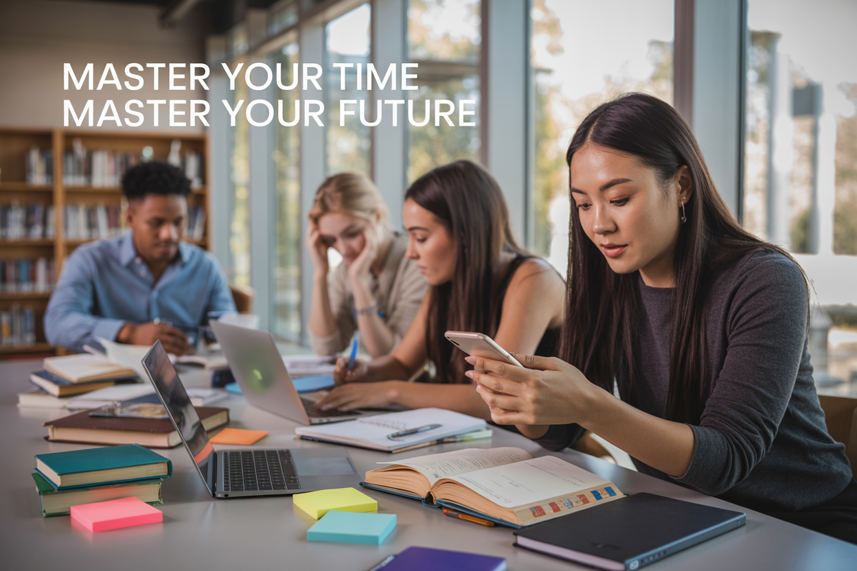 Create a realistic image of a diverse group of college students sitting at a modern library study table with laptops, textbooks, planners, and colorful sticky notes spread across the surface, featuring a focused Asian female student in the foreground checking her smartphone calendar while a Black male student and white female student work collaboratively in the background, with warm natural lighting streaming through large windows, bookshelves visible in the soft-focus background, and the text "Master Your Time, Master Your Future" elegantly overlaid in clean, modern typography at the top of the image.