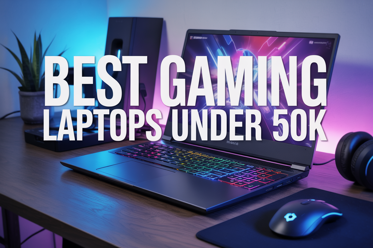 Create a realistic image of a sleek modern gaming laptop with RGB keyboard lighting open on a dark wooden desk, displaying a colorful gaming interface on screen, surrounded by gaming accessories like a wireless mouse and headphones, with dramatic blue and purple ambient lighting in the background, and bold text overlay reading "BEST GAMING LAPTOPS UNDER 50K" in modern sans-serif font.