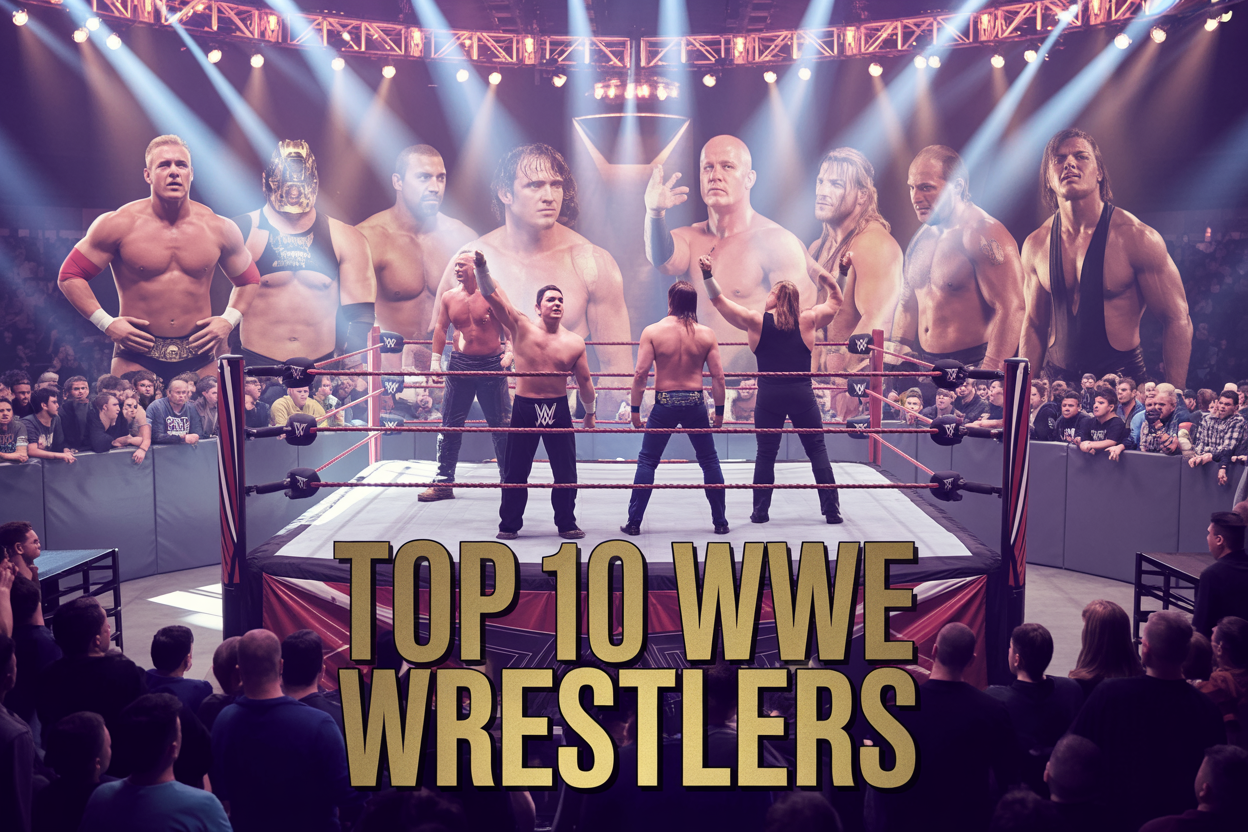 Create a realistic image of a dynamic wrestling ring scene with dramatic spotlights illuminating the squared circle, featuring silhouettes of multiple wrestlers in iconic poses representing different eras of wrestling, with a crowd of diverse spectators in the background, championship belts prominently displayed around the ring ropes, and bold text overlay reading "TOP 10 WWE WRESTLERS" in golden metallic letters, set in a packed arena atmosphere with purple and gold lighting creating an epic, legendary mood.