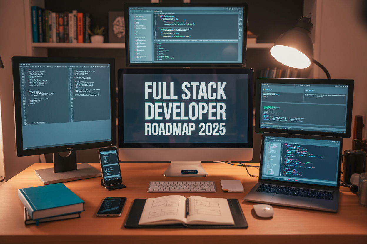 Create a realistic image of a modern workspace desk with multiple computer monitors displaying various programming interfaces including code editors, web browsers with responsive websites, and terminal windows, surrounded by programming books, a laptop, smartphone, and notebook with sketched wireframes, featuring warm ambient lighting from a desk lamp, with the text "Full Stack Developer Roadmap 2025" prominently displayed on the main monitor screen in clean, modern typography.