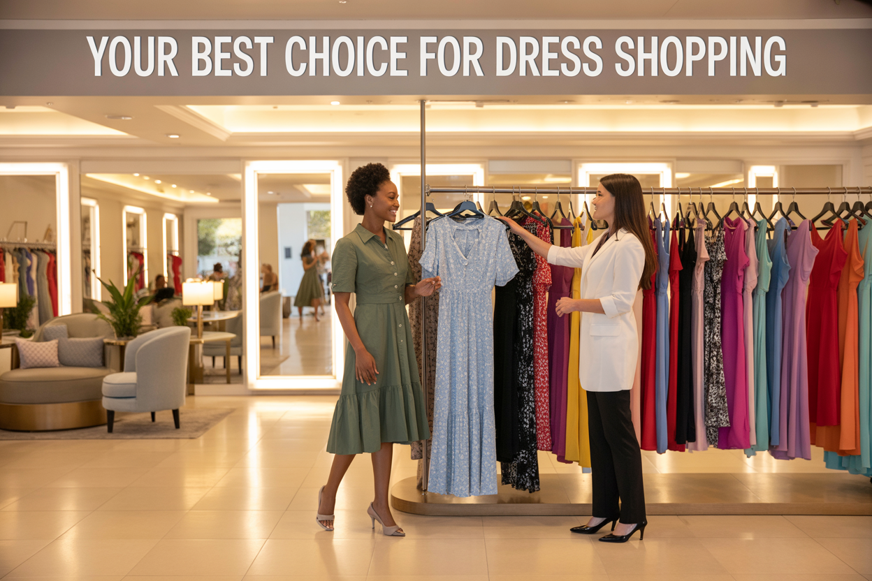 Create a realistic image of an elegant dress store interior with a diverse selection of colorful dresses hanging on modern display racks, featuring a smiling black female customer browsing through dresses while a white female store associate assists her, with soft warm lighting, polished floors, full-length mirrors, and comfortable seating areas in the background, displaying the text "Your Best Choice for Dress Shopping" prominently at the top of the image.