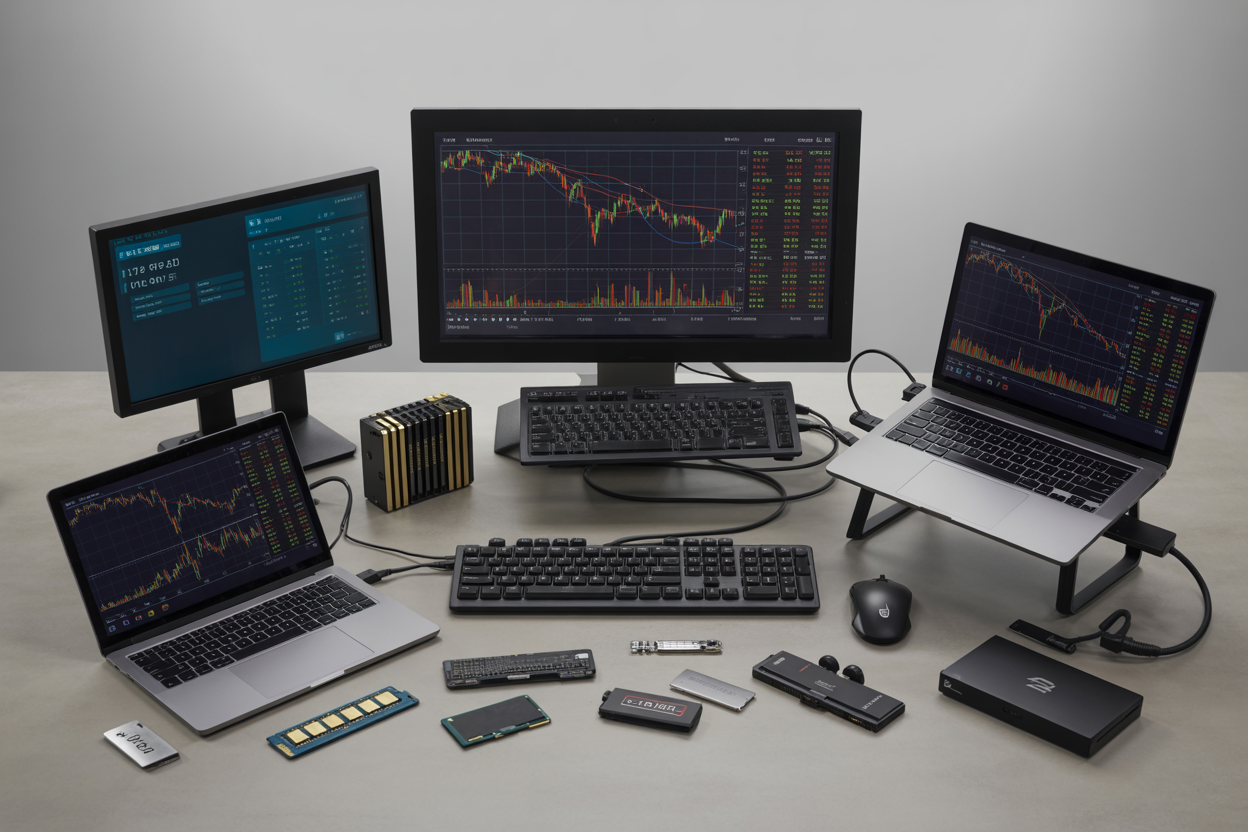 Create a realistic image of a modern trading workstation featuring multiple high-end laptops with open screens displaying colorful financial charts and market data, accompanied by external monitors showing trading interfaces, mechanical keyboards, high-performance mice, and various hardware components like RAM modules, SSDs, and processors scattered on a clean desk surface, with professional studio lighting illuminating the setup against a neutral gray background, emphasizing the technical specifications and performance capabilities of trading equipment, absolutely NO text should be in the scene.