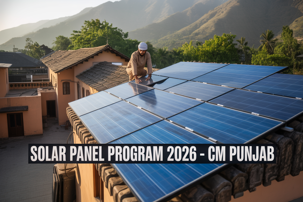 Create a realistic image of modern blue solar panels installed on a traditional Pakistani house rooftop with green trees and mountains in the background, featuring a South Asian male technician in safety gear inspecting the installation, warm golden sunlight illuminating the scene, with text overlay "Solar Panel Program 2026 - CM Punjab" in bold white letters, representing renewable energy progress in Pakistan's Punjab province.