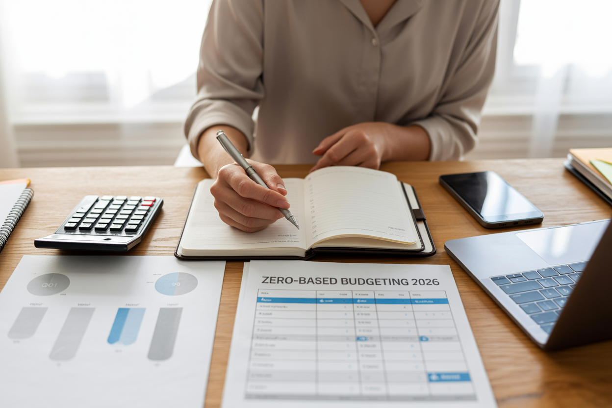 Create a realistic image of a clean, modern desk workspace featuring a white female in her 30s sitting at a wooden desk, writing in an open budget planner notebook with a calculator, smartphone, and laptop nearby, surrounded by organized financial documents and charts showing zero-based budgeting categories, with soft natural lighting from a window, creating a focused and organized atmosphere, and include the text "Zero-Based Budgeting 2026" prominently displayed on the notebook cover.
