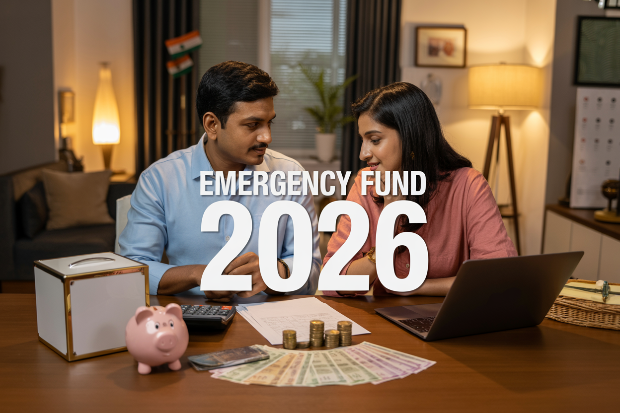 Create a realistic image of an Indian middle-class family consisting of an Indian male and female in their 30s sitting at a wooden dining table with a laptop, calculator, and financial documents spread out, with Indian rupee notes and coins neatly arranged nearby, a piggy bank and a small safe box visible on the table, warm golden lighting from a table lamp creating a cozy evening atmosphere, modern Indian home interior in the background with subtle elements like a small Indian flag or calendar, and the text "Emergency Fund 2026" prominently displayed in bold, modern font overlay on the image.