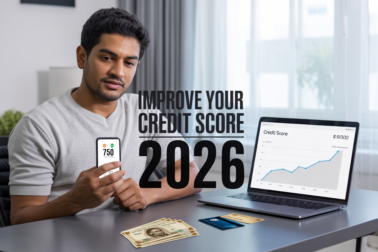 Create a realistic image of a young Indian male in his 30s sitting at a modern desk with a laptop showing a credit score dashboard with an upward trending graph, holding a smartphone displaying "750" credit score, with Indian rupee notes and credit cards neatly arranged on the desk, soft natural lighting from a window, clean modern office or home environment in the background, with the text "Improve Your Credit Score 2026" prominently displayed in bold, professional font overlay.