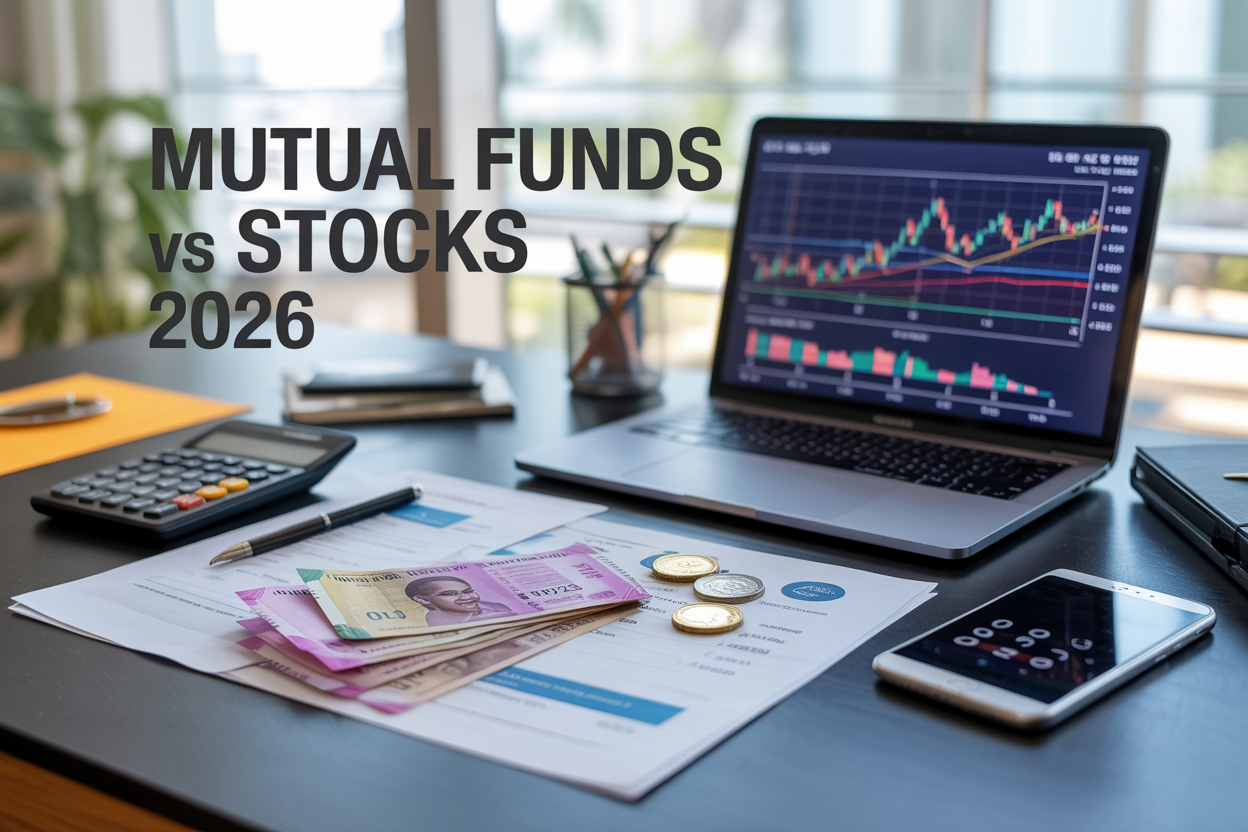Create a realistic image of a professional Indian investment comparison scene featuring a modern office desk with a laptop displaying colorful mutual fund charts and stock market graphs on the screen, Indian rupee notes and coins scattered on the desk, a calculator, investment documents, and a smartphone showing financial apps, with soft natural lighting from a window creating a bright optimistic mood, include the text "Mutual Funds vs Stocks 2026" prominently displayed in the upper portion of the image, set against a clean contemporary office background with subtle Indian financial market elements.