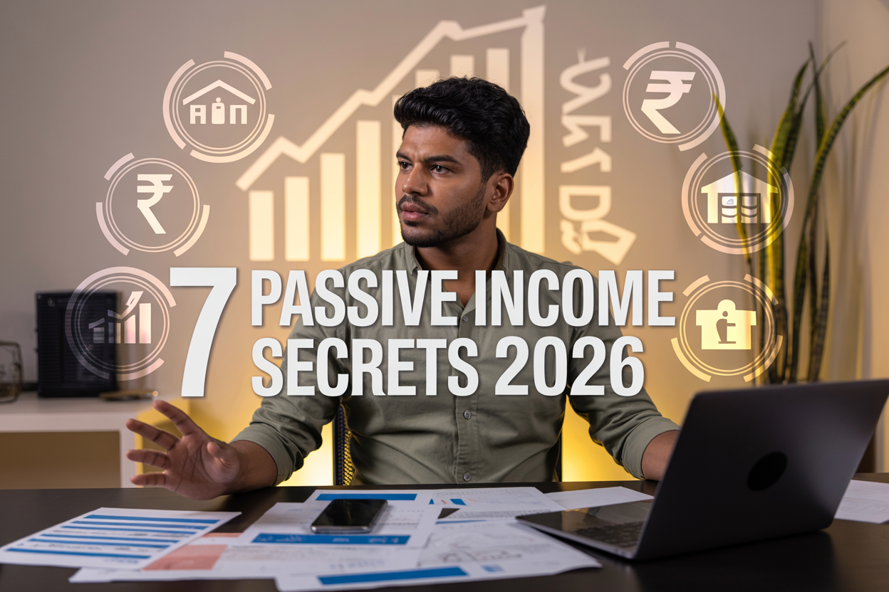 Create a realistic image of a young Indian male entrepreneur in his 20s sitting at a modern desk with a laptop, smartphone, and financial documents spread out, surrounded by floating holographic icons representing different passive income streams (real estate, stocks, digital content, online business), with Indian rupee symbols and upward trending graphs in the background, warm golden lighting creating an aspirational mood, include the text "7 Passive Income Secrets 2026" prominently displayed in bold modern font overlay.