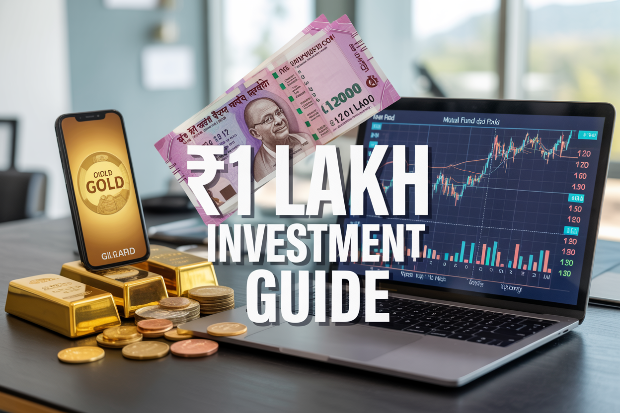 Create a realistic image of a split-screen comparison showing digital gold (smartphone displaying gold investment app), physical gold bars and coins, and mutual fund charts on a laptop screen, with Indian rupee notes (₹1 lakh stack) prominently placed in the center, modern office desk background with soft natural lighting, professional investment atmosphere, clean and organized composition, with overlay text "₹1 Lakh Investment Guide" in bold modern font.