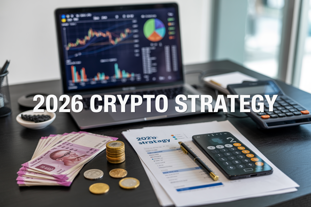 Create a realistic image of a modern workspace with a laptop displaying colorful cryptocurrency charts and portfolio allocation pie charts on the screen, Indian rupee notes and coins scattered on a dark wooden desk, a smartphone showing crypto trading apps, a calculator, and financial documents with "2026 CRYPTO STRATEGY" written prominently across the top of the image, set against a professional office background with soft natural lighting from a window, creating a focused and strategic investment planning atmosphere.