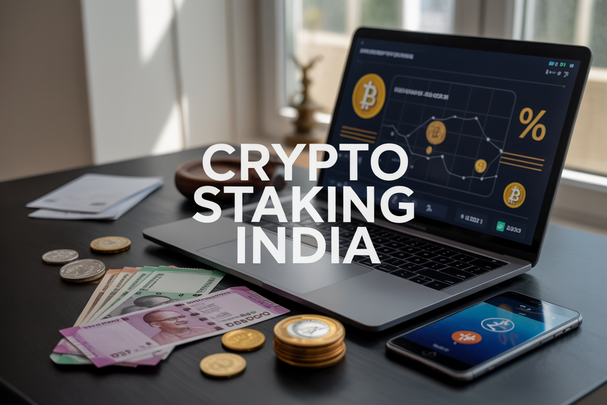 Create a realistic image of a modern Indian professional workspace featuring a sleek laptop displaying cryptocurrency staking interface with coins and percentage symbols on screen, Indian rupee notes and gold coins scattered around the desk, a smartphone showing crypto wallet app, soft natural lighting from a window, clean minimalist background with subtle Indian cultural elements like a small decorative item, warm and professional atmosphere suggesting financial growth and opportunity, with the text "Crypto Staking India" prominently displayed in modern typography overlay.