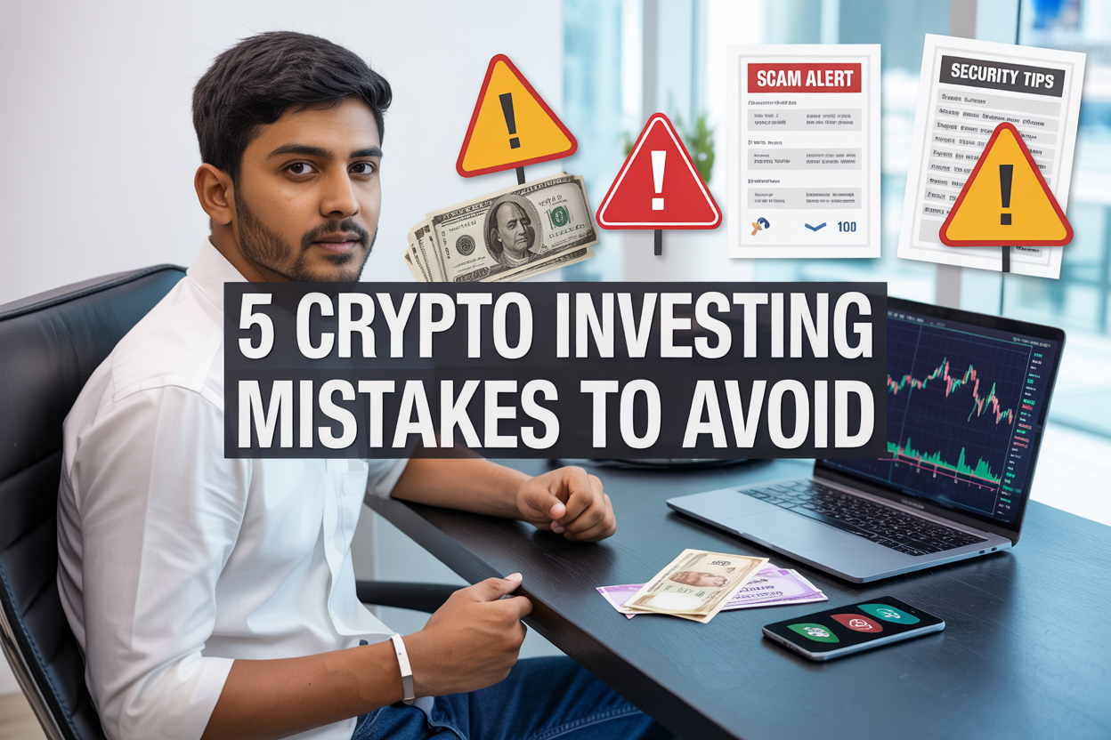 Create a realistic image of a young Indian male sitting at a modern desk with a laptop displaying cryptocurrency charts and graphs, with warning symbols and red flags scattered around him on the desk next to documents labeled "scam alert" and "security tips", Indian rupee notes visible, a smartphone showing crypto apps, against a clean office background with soft natural lighting, and overlay text reading "5 Crypto Investing Mistakes to Avoid" in bold professional font.