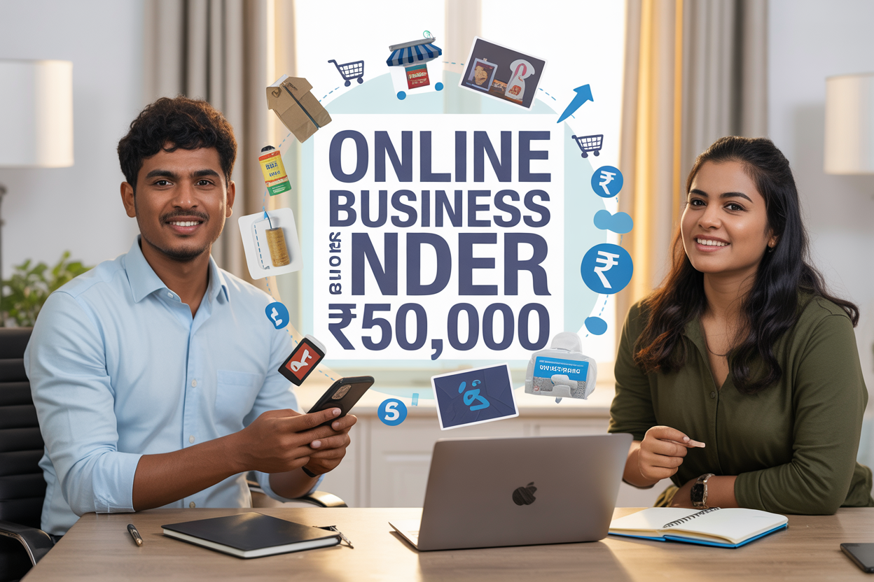 Create a realistic image of a young Indian male and female entrepreneurs sitting at a modern home office desk with a laptop, smartphone, and notebook, surrounded by visual elements representing online businesses like shopping cart icons, rupee symbols (₹), digital payment symbols, and small product packages, with warm natural lighting from a window, professional yet approachable mood, and the text "Online Business Ideas Under ₹50,000" prominently displayed in modern typography, set against a clean white and light blue background with subtle tech-inspired graphic elements.