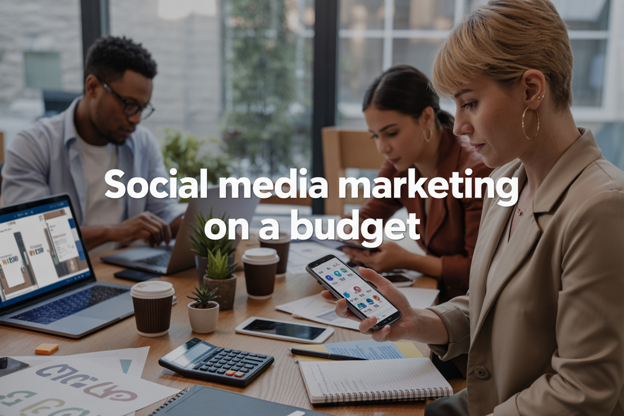 Create a realistic image of a diverse group of small business owners working on social media marketing, featuring a white female entrepreneur in the foreground holding a smartphone showing social media analytics, a black male business owner in the background working on a laptop with social media platforms visible on screen, and a Hispanic female reviewing printed marketing materials, all seated around a modern wooden table with scattered items including a calculator, notepad with budget calculations, coffee cups, and small potted plants, set in a bright co-working space with natural lighting from large windows, conveying a collaborative and resourceful atmosphere, with the text "Social Media Marketing on a Budget" prominently displayed in modern sans-serif font overlay.