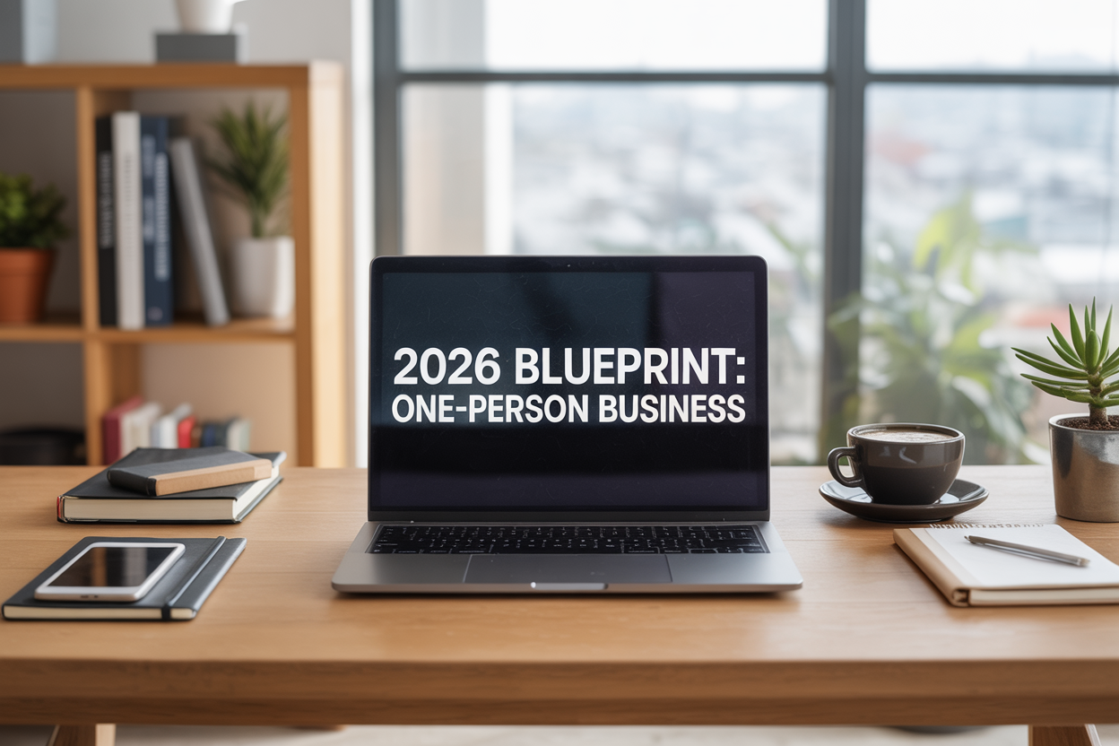 Create a realistic image of a modern, organized home office workspace with a sleek laptop computer open on a clean wooden desk, surrounded by professional elements including a smartphone, notebook, coffee cup, and small potted plant, with a minimalist bookshelf in the background containing business books, soft natural lighting from a large window creating a productive atmosphere, and the text "2026 Blueprint: One-Person Business" displayed prominently on the laptop screen or as an overlay on the image, conveying a sense of professionalism, efficiency, and entrepreneurial success for the modern freelancer.