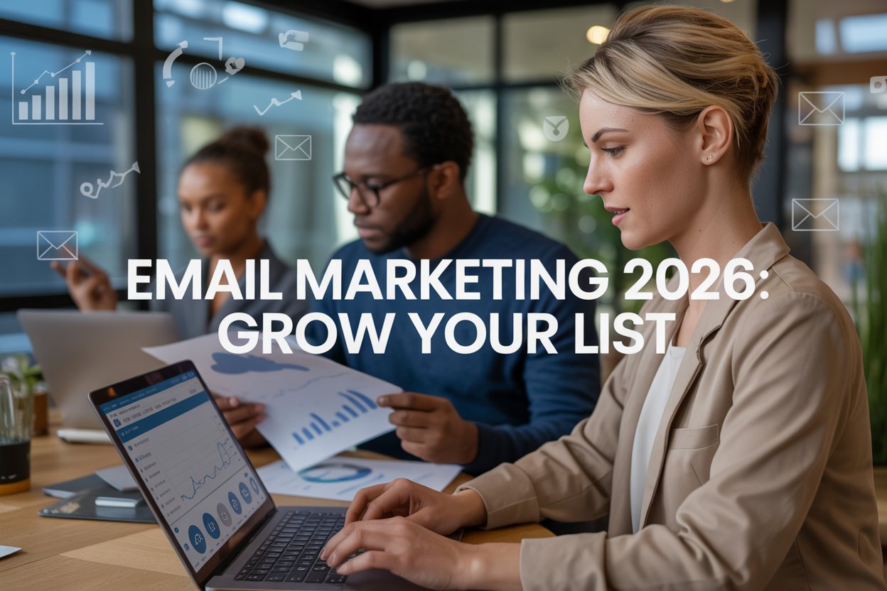 Create a realistic image of a diverse group of small business owners working on email marketing, featuring a white female entrepreneur in the foreground typing on a laptop with email marketing dashboard visible on screen, a black male business owner in the background reviewing printed email analytics charts, modern office environment with glass walls and natural lighting, growth charts and email icons floating subtly in the background, professional and optimistic mood, with the text "Email Marketing 2026: Grow Your List" prominently displayed in modern sans-serif font overlay.